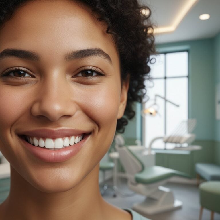 Smiling person with healthy teeth and gums in a blurred dental office. Focus on a natural-looking smile showcasing dental implants.