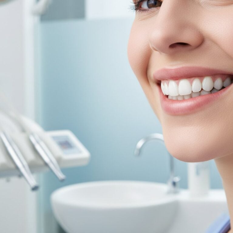 Smiling mouth close-up. Bright, healthy teeth and gums with soft lighting. Blurred background suggests a dental setting.