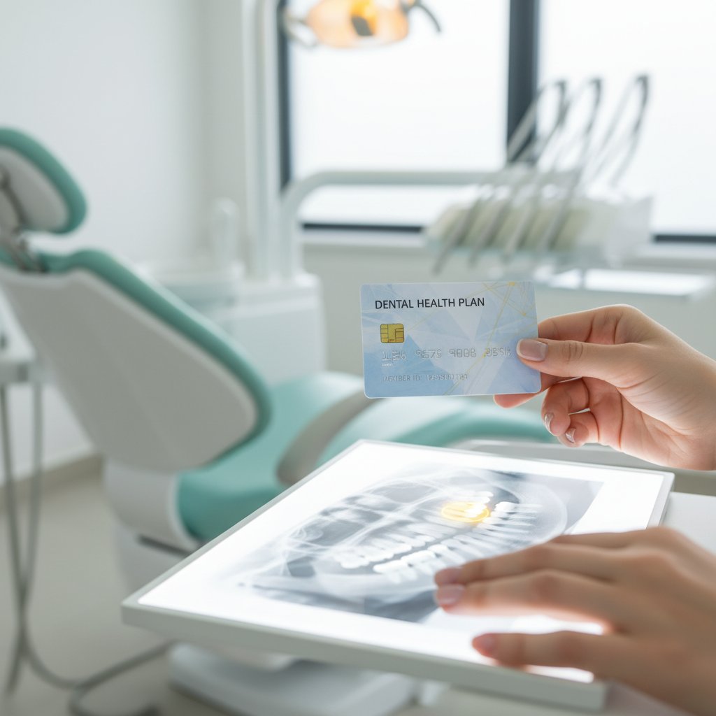 Hands hold insurance card over dental x-ray on tablet. Modern dental office background. Suggests financial responsibility for dental care. 