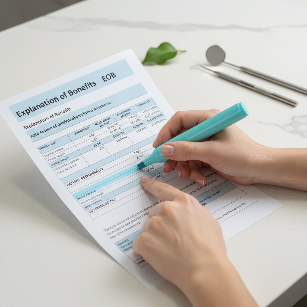 Hands highlight a dental insurance EOB form. Blurred dental tools sit on a countertop. Soft blues and greens create a calming feel. 