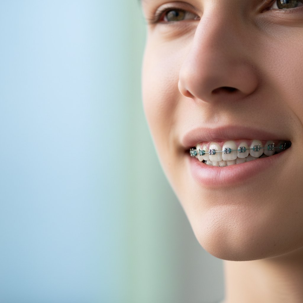 Young adult's soft smile, braces subtly visible. Muted blue/green background. Clean, healthy teeth suggest life transition. 