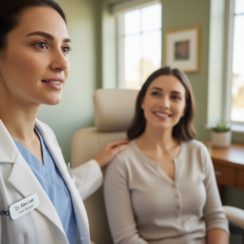 Caring oral surgeon in scrubs speaks reassuringly to a blurred patient, conveying trust in a modern, calming consultation room. 