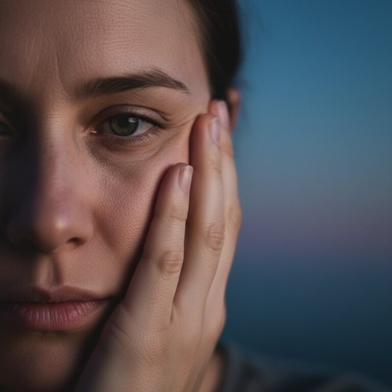 Person's face, hand to cheek, conveying discomfort. Soft blues and purples suggest evening. Subtle lighting highlights skin texture.