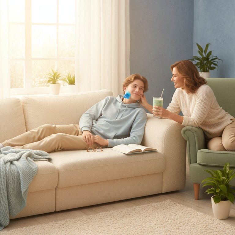 Teenage boy with compress on cheek relaxes on couch. Mother smiles, holding smoothie in pastel living room.