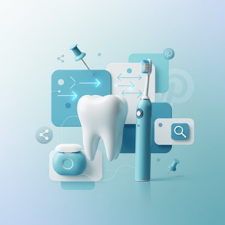Abstract dental health hero image. Tooth, toothbrush, floss, and Pinterest pinboard shapes in blue, teal, and white create a bright, modern design.