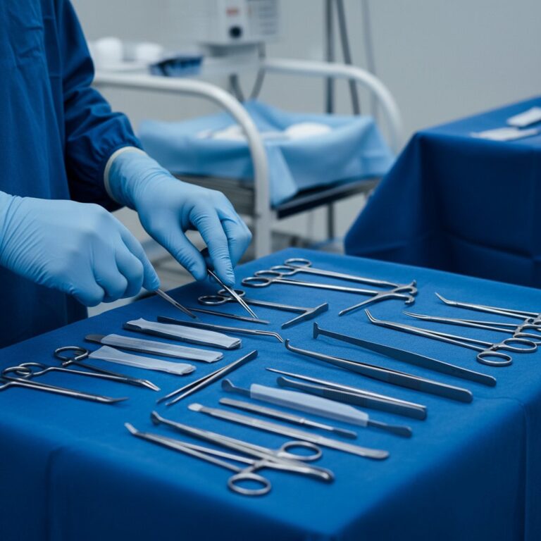 Gloved hands arrange gleaming surgical instruments on a sterile blue drape. Soft lighting emphasizes clean metal.