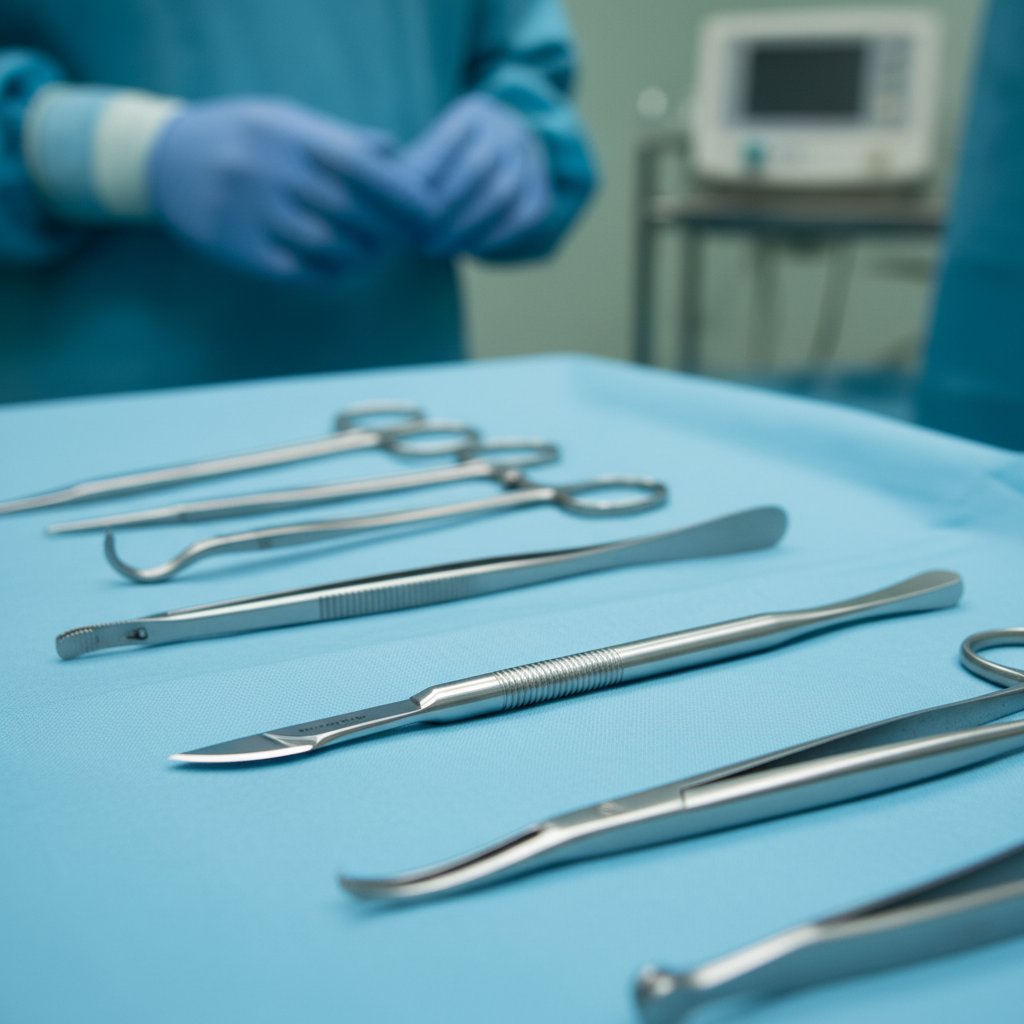 Close-up of gleaming surgical instruments on a blue drape. A stainless steel forceps is in sharp focus. Operating room background blurred. 