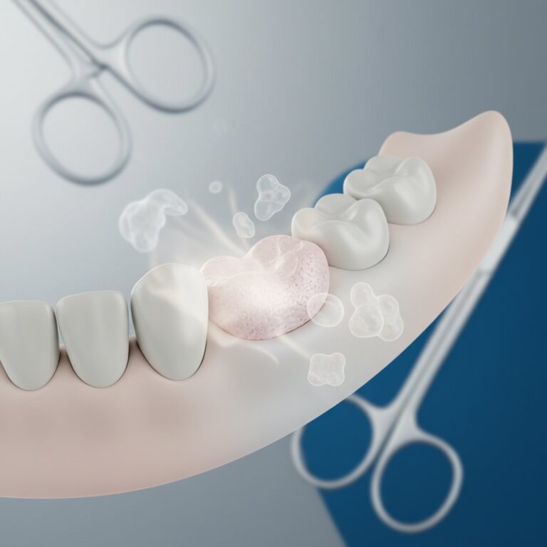Stylized close-up of a jawbone section showing a bone graft integration with subtle color gradients and a soft, ethereal glow.