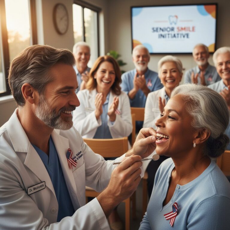 Close-up of Dr. Weinstein examining a senior's mouth at an oral health presentation. Others smile; Amanda assists. All wear flag ribbons.