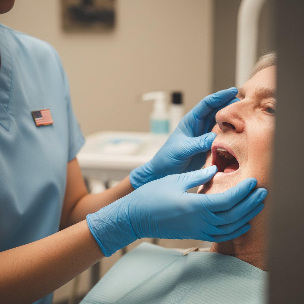 Hands examine an elderly person's mouth during a cancer screening. Soft light, blurred dental office background. American flag pin visible. 