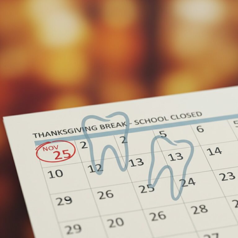 Close-up of a calendar page with a date circled during school break. Faint wisdom tooth shapes overlay the warm-toned, softly lit page.