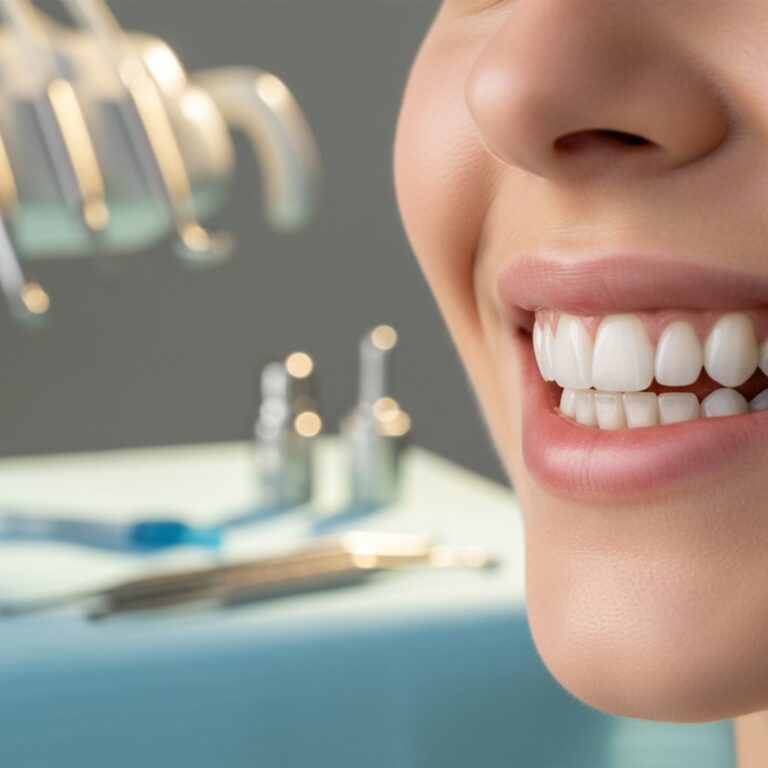 Radiant smile close-up. Single dental implant seamlessly blends with natural teeth and healthy gums. Soft lighting, blurred dental background.