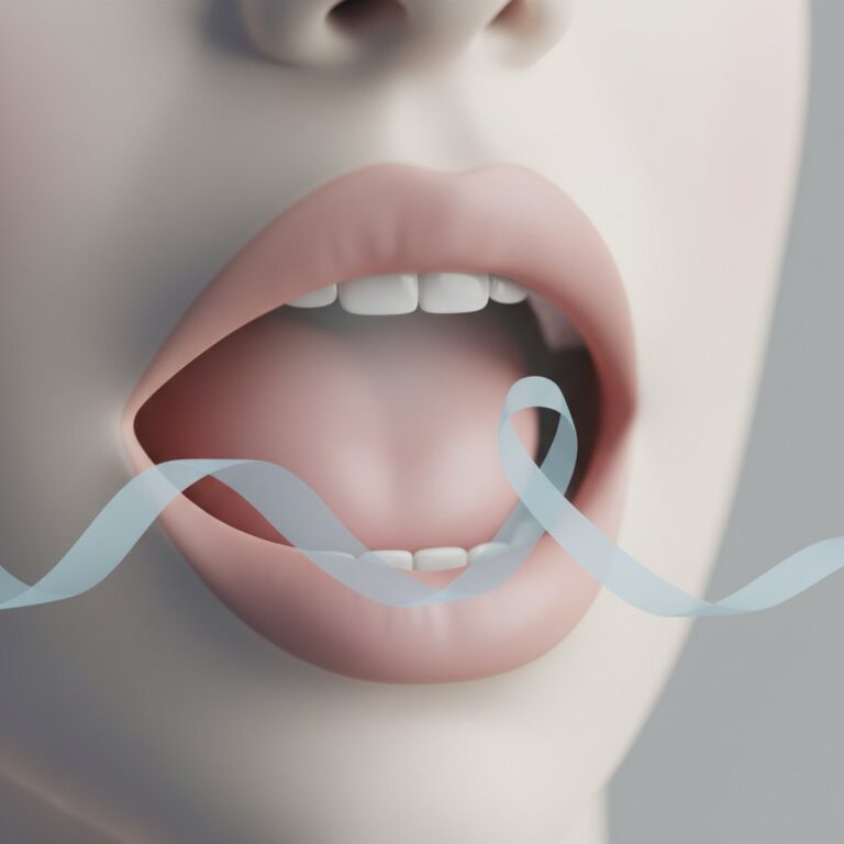 Abstract, soft-hued mouth/throat art in pink, gray, cream. Faint cancer awareness ribbon fades. Hopeful, focused on early detection.