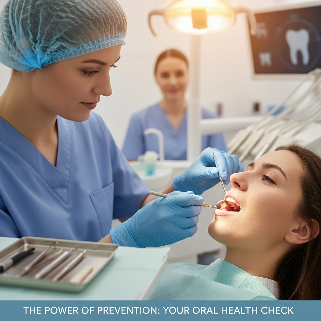 Dentist gently examines patient's mouth with mirror. Soft lighting, blurred background shows assistant & instruments. Blues, greens, whites.