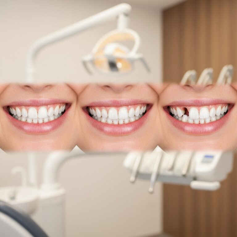 Smile transitioning from missing tooth to dental implant, resolving in a full, confident smile. Soft light, blurred dental office background.