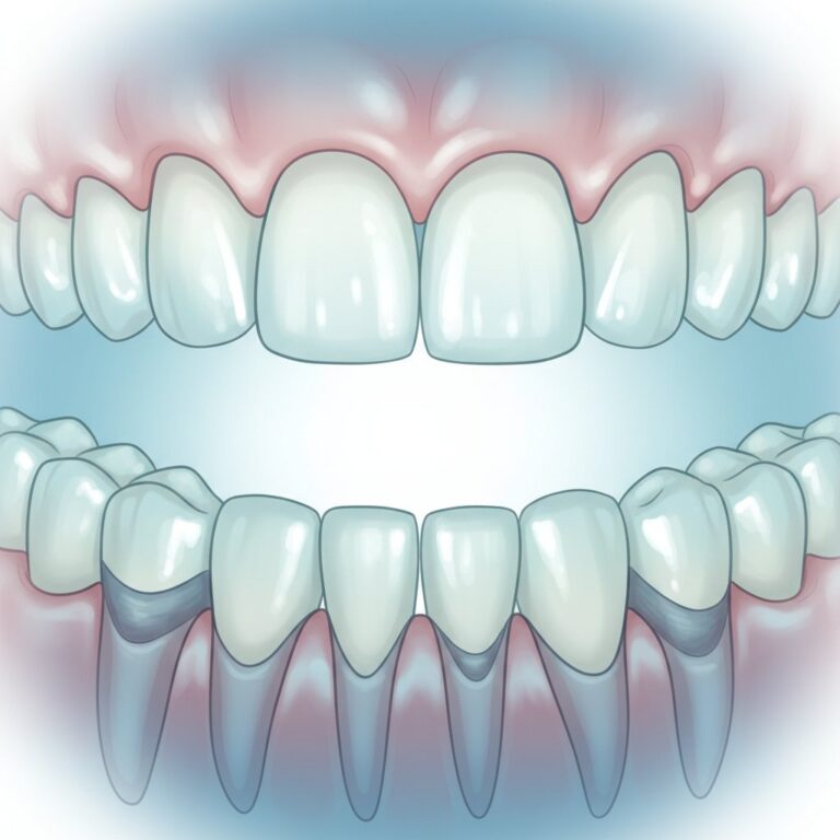 Stylized digital illustration: Healthy teeth transition into impacted wisdom teeth under translucent gums; blue, green, and white palette.