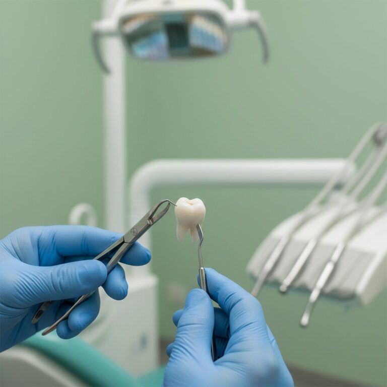 Dentist's gloved hands hold extraction tools (forceps, elevator) near a molar in a modern, blue and white dental setting.