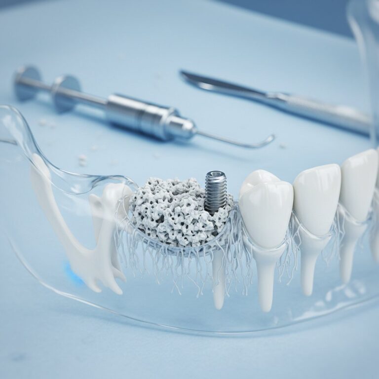 Close-up of jawbone with dental implant site. Bone graft in progress. Surgical tools blurred behind. Blue/white tones, soft lighting.