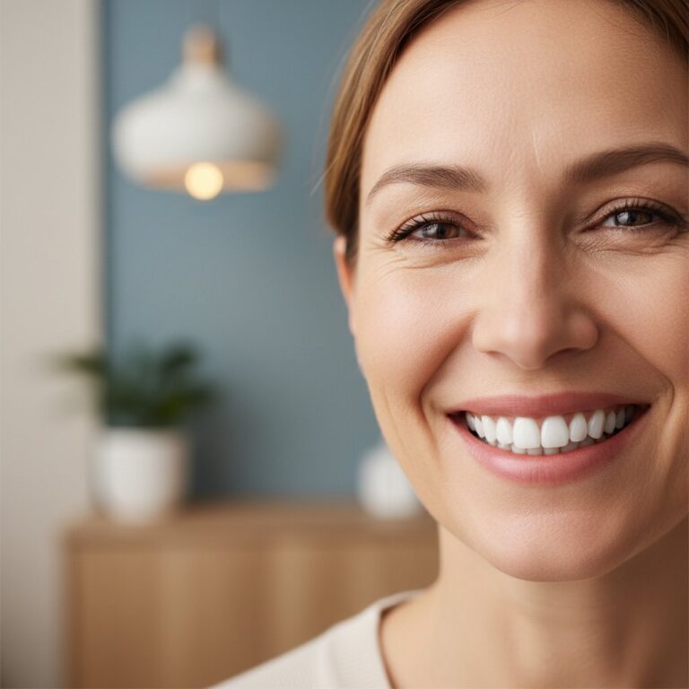 Warmly lit close-up of a mature woman's confident smile, showcasing healthy teeth. Soft focus background suggests a dental office.