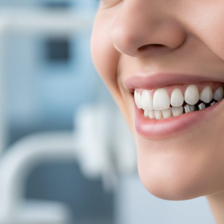 Close-up of a healthy smile with seamlessly integrated dental implants. Soft lighting highlights natural teeth and gums in a modern dental setting.