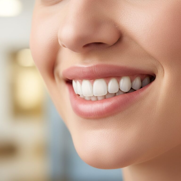 Radiant, healthy smile with aligned teeth subtly suggesting dental implants. Soft lighting, blurred modern dental office background.