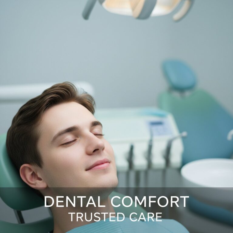 Relaxed young adult reclines in a dental chair with closed eyes. Soft lighting emphasizes peaceful expression during sedation.