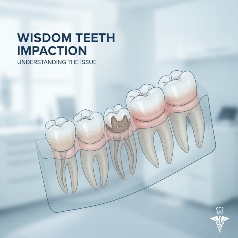 Medical illustration of partially erupted lower wisdom teeth with inflamed gums, set against a blurred dental office background.