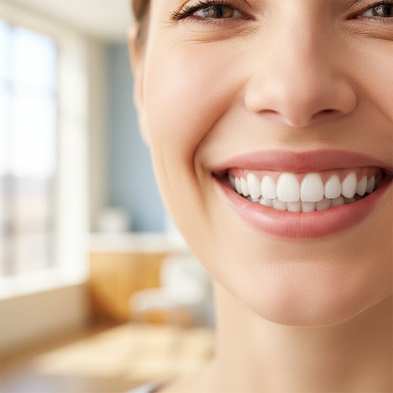 Radiant smile showing bright, healthy teeth. Softly blurred background of a modern, clean dental office.