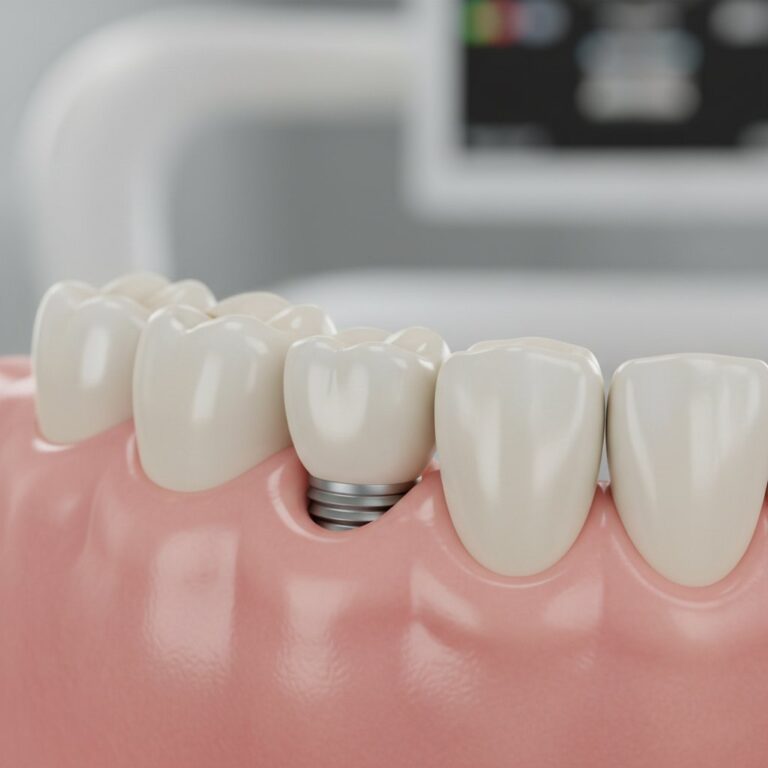 Close-up of a dental implant seamlessly integrated with healthy gums and teeth, showcasing natural aesthetics.
