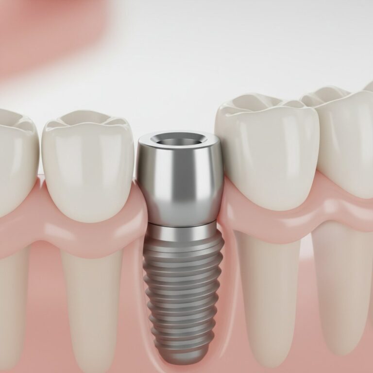 Dental implant seamlessly integrated into healthy jawbone. Titanium post, pink gums, soft lighting, blurred background.