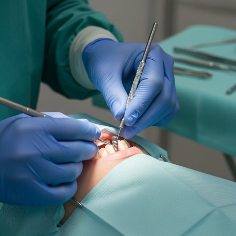 Dental implant being precisely placed in jawbone. Brightly lit, sterile surgical environment with gloved surgeon's hands.