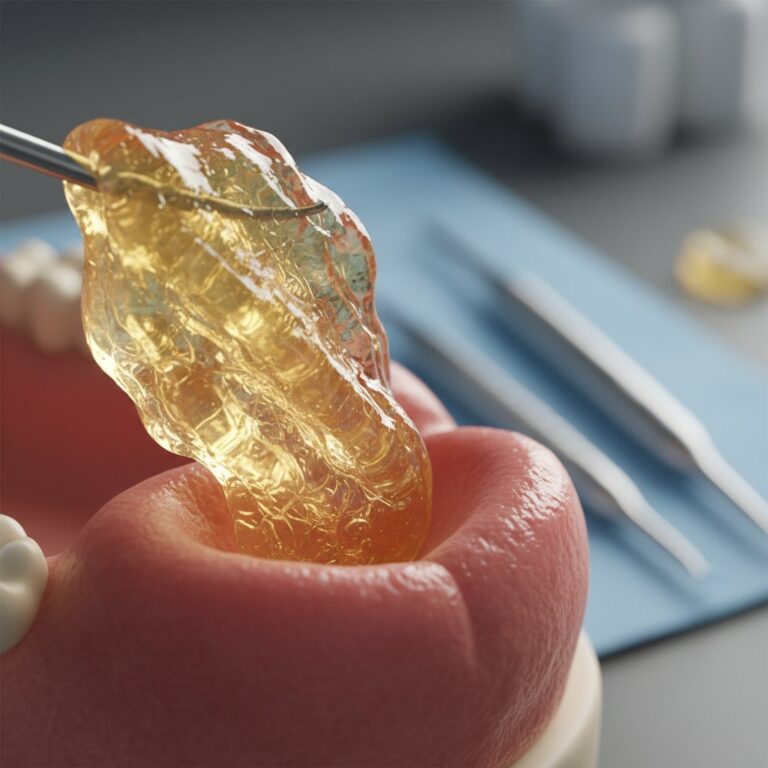 Macro shot: Golden, semi-transparent PRF being placed in a simulated surgical site. Soft light, blurred background.