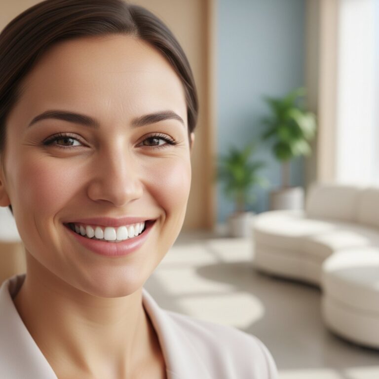 Confident person smiles, showcasing bright, natural teeth. Dental office background, warm colors, portrait orientation.