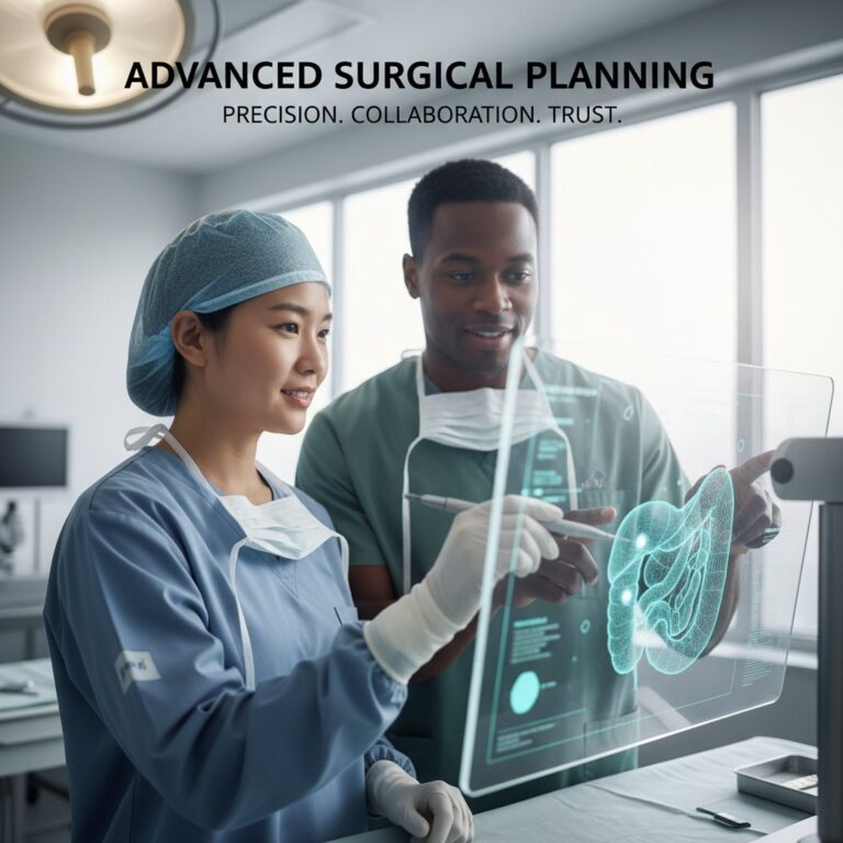 Healthcare team reviews 3D surgical plan in a modern suite. Calming blues, greens, and soft lighting convey expertise and patient care.
