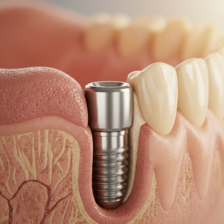 Close-up of a healthy jawbone seamlessly integrated with a modern titanium dental implant, highlighting successful osseointegration.