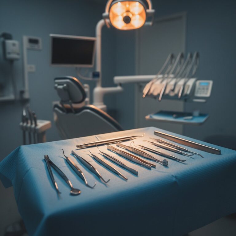 Close-up of dental surgical instruments on blue drapes. Warmly lit, sterile environment suggests advanced dental care.