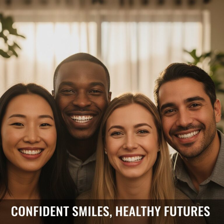 Diverse group smiles, showcasing natural dental implants. Modern dental office background, soft light. Positive and confident.