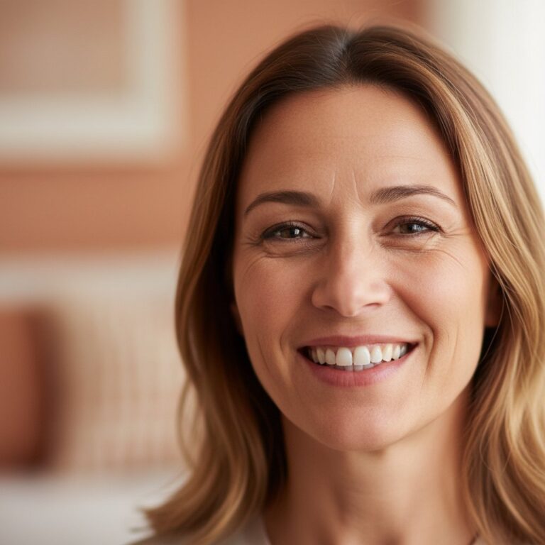 Smiling mature woman's portrait. Kind eyes, natural smile with slight dental imperfections, warm lighting, soft blurred background. Optimistic and resilient.