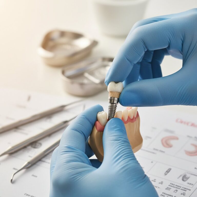 Hands in gloves hold implant model over gumline. Dental instruments blurred in background.