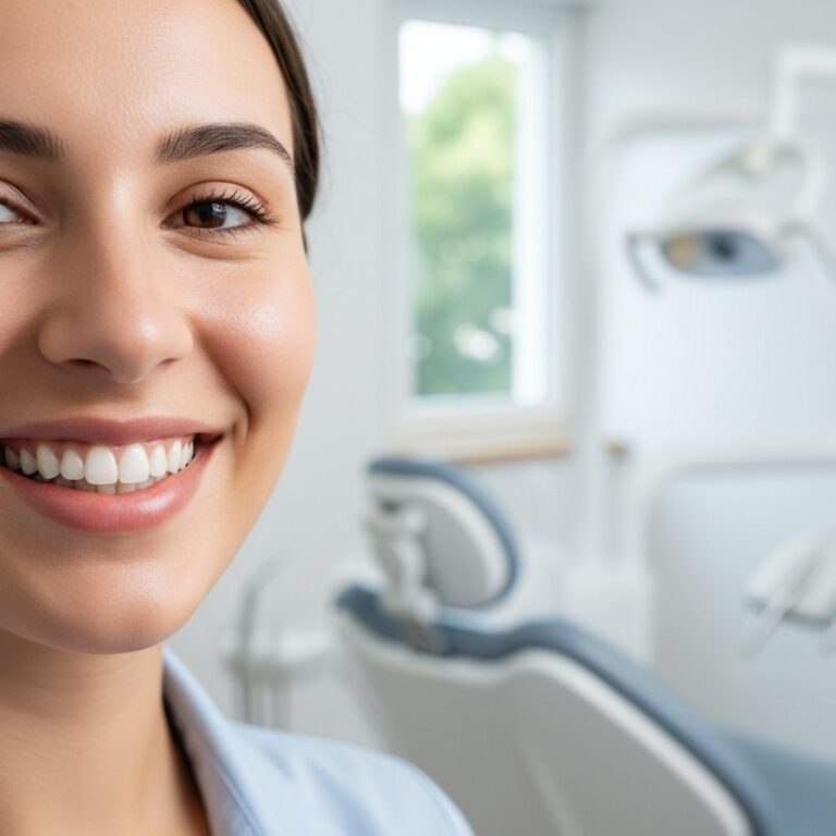 Close-up of a person smiling with perfect, healthy teeth in a modern, clean dental office. Soft, diffused lighting.