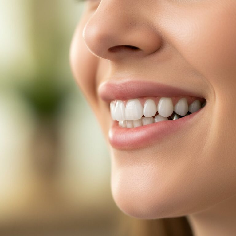 Close-up of a bright, healthy smile with seamlessly integrated dental implants. Healthy pink gums and natural-looking teeth.