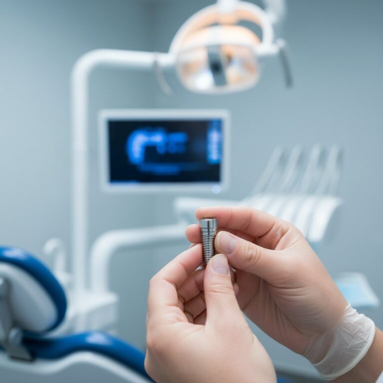 Dental implant held carefully in gloved hands. Sterile surgery, blurred equipment, cool tones. Precision dentistry.