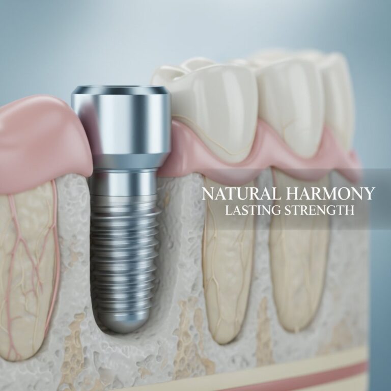 Dental implant seamlessly integrated with jawbone. Titanium contrasts with healthy gum tissue in cool tones with subtle warmth.