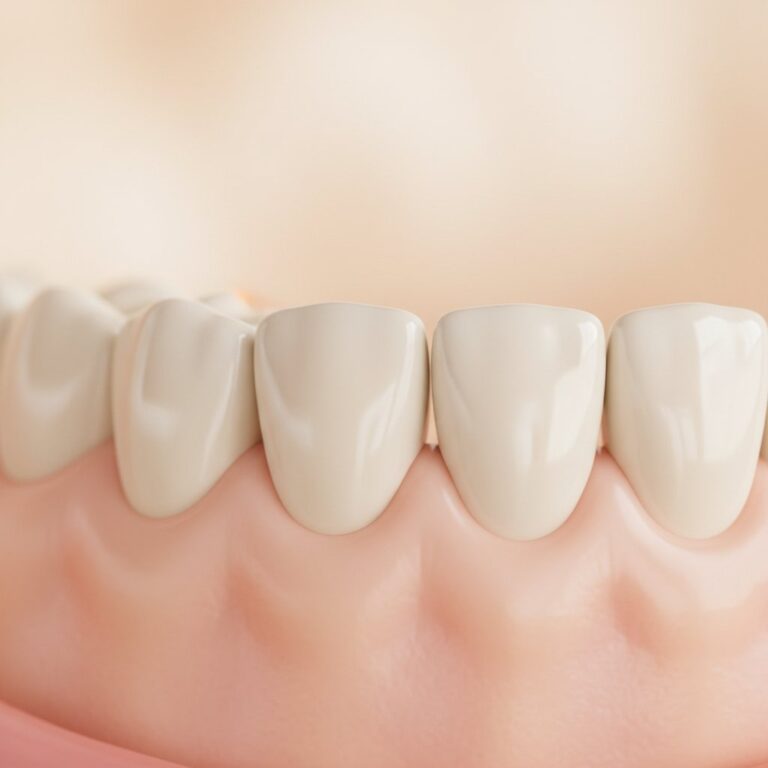 Close-up of dental implant seamlessly in gum line. Natural gums, pearly white crown. Soft lighting, blurred background.