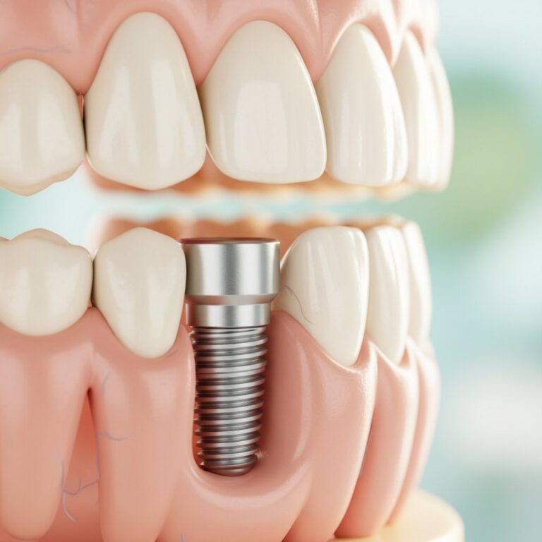 Dental implant close-up. Titanium implant seamlessly integrates with healthy jawbone. Warm light, soft sterile background.