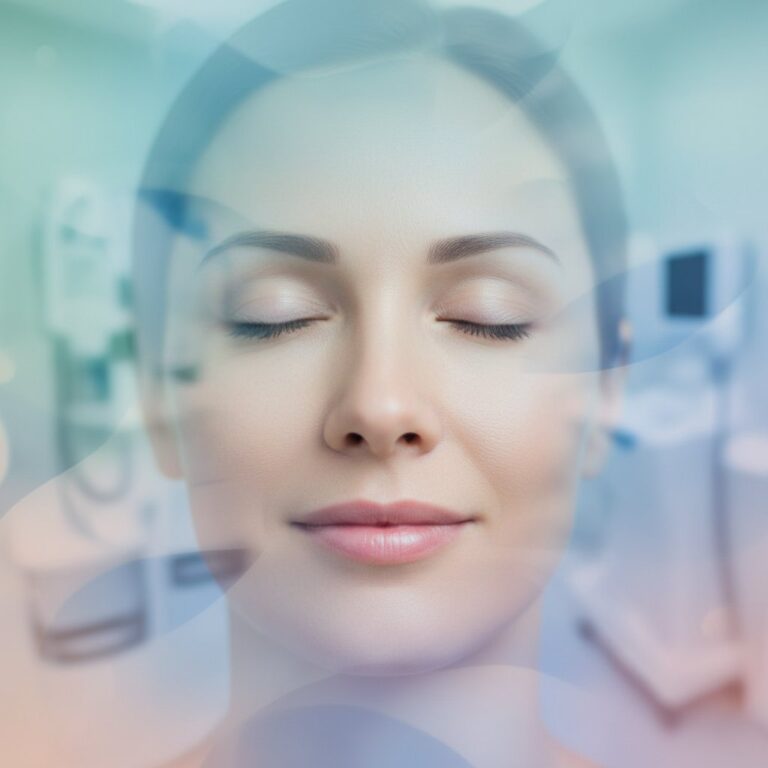 Calm face fades into blurred, cool-toned medical background. Peaceful expression, soft lighting, portrait.