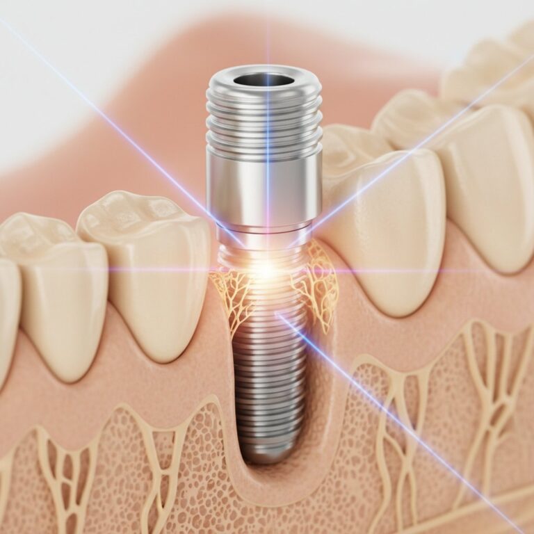 Close-up of healthy jawbone integrated with a titanium dental implant, showcasing osseointegration. Warm colors, shallow depth of field.
