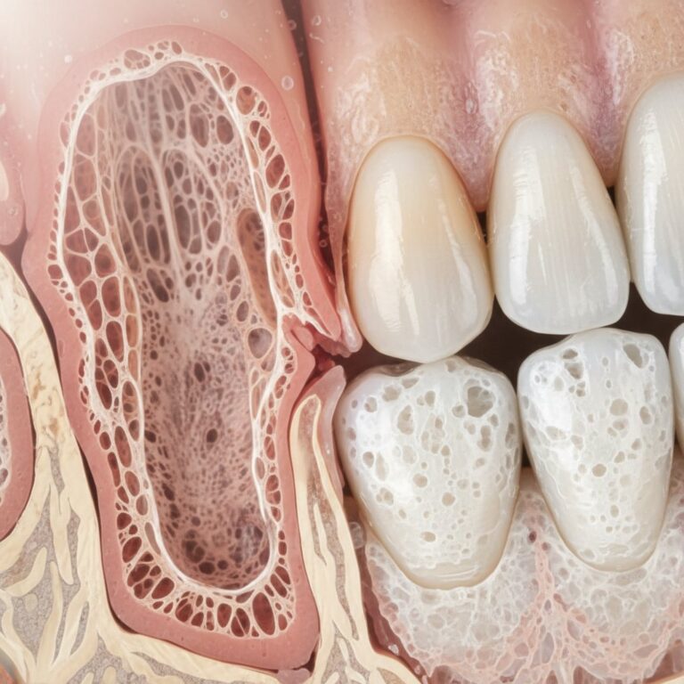 Abstract close-up: healthy pink bone merging with porous, off-white graft. Highlights textures, integration, and organic healing.
