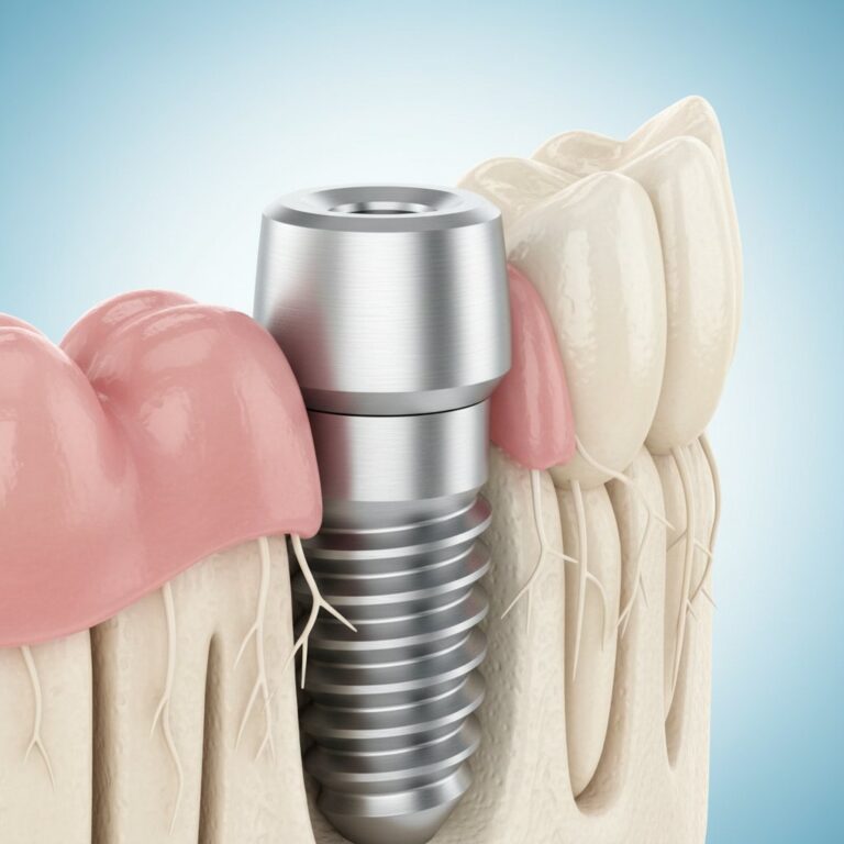 Close-up 3D render of a healthy jawbone with a titanium dental implant, integrated with gum tissue, against a soft blue gradient.