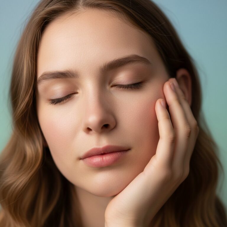 Close-up of a young adult's face with eyes closed, cheek resting on hand. Soft, warm light and blurred blue-green background suggest peace.